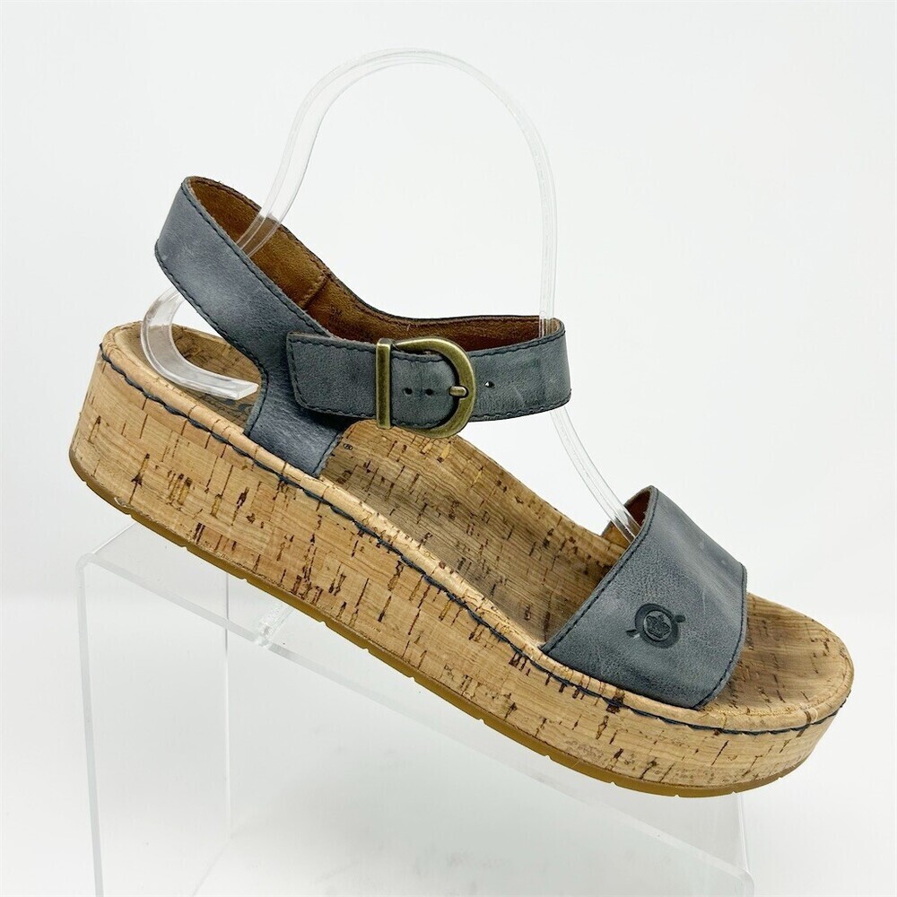 Born Slingback Dusty Blue Gray Leather Platform Wedge Sandals Size 9 Comfort